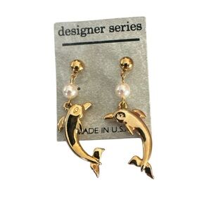 Gold Dolphin Earrings Pearl Theme Hanging